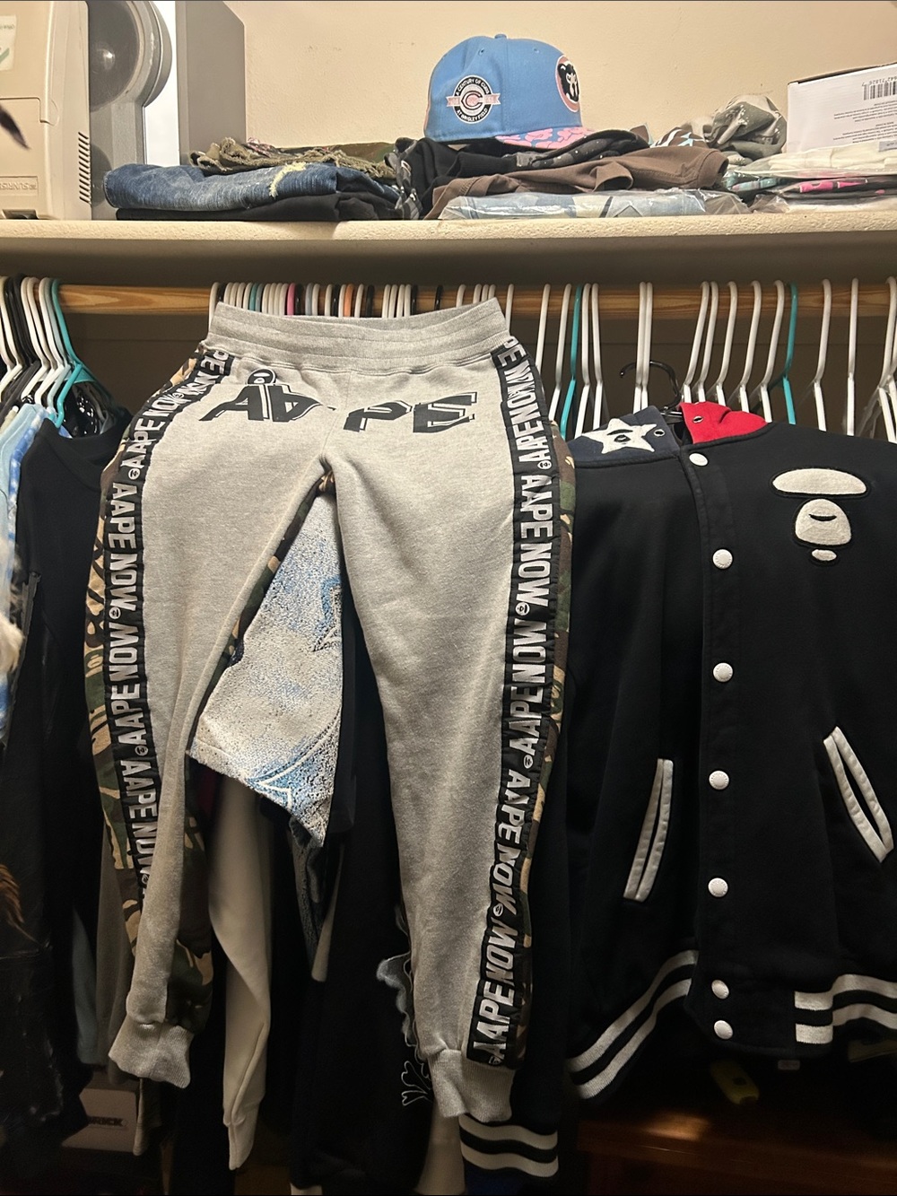 Gray Logo small bape Jogger Pants and large bape sweater